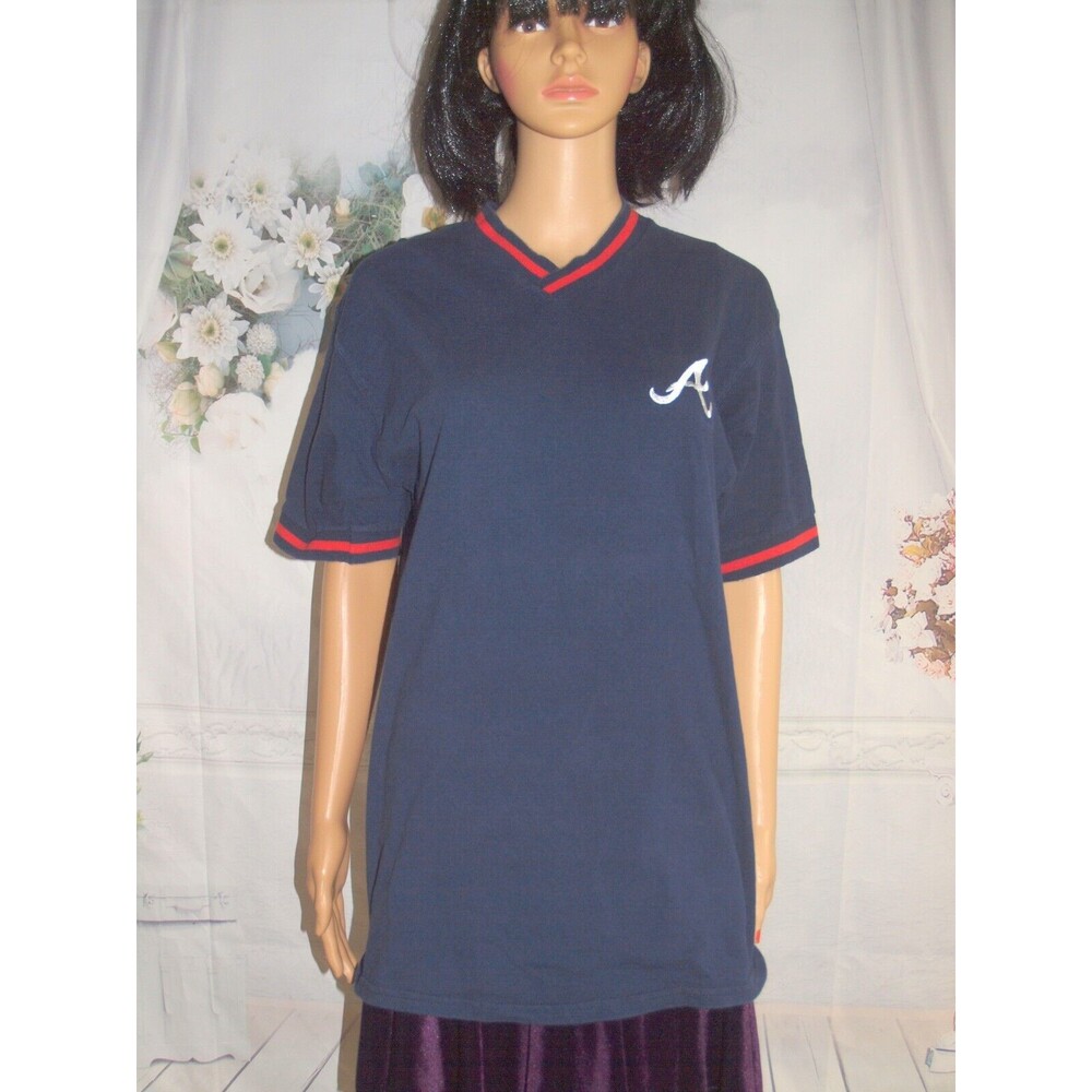 Vintage Atlanta Braves Shirt Size M Blue V Neck Embroidered MLB Pro Player 90s